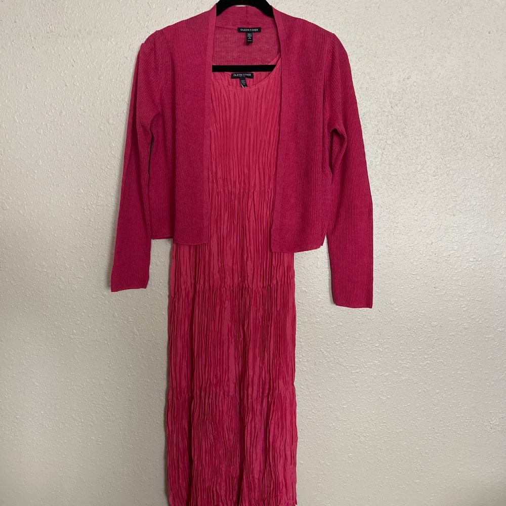 Eileen Fisher Vibrant Pink Silk Midi Dress and linen sweater